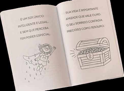 Páginas internas do livro Para Alguém Especial, com desenho para colorir e texto em rimas